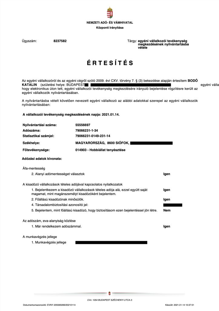 Egyéni vállalkozói nyilvántartásba vételi igazolás – hivatalos dokumentum