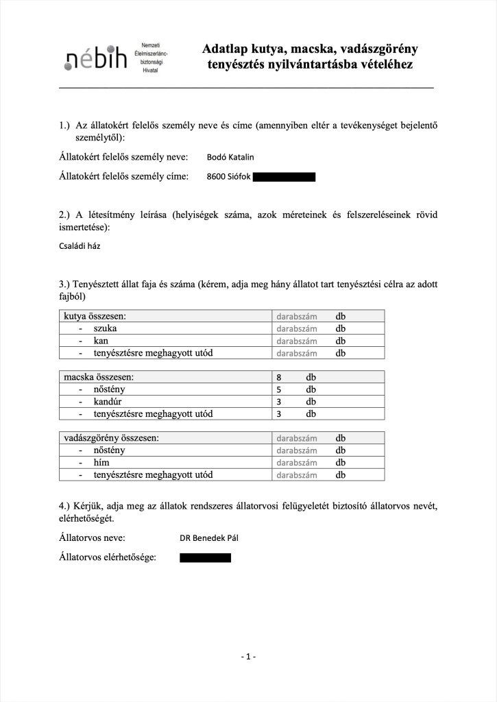 NÉBIH állattenyésztési nyilvántartásba vételi igazolás – hivatalos dokumentum