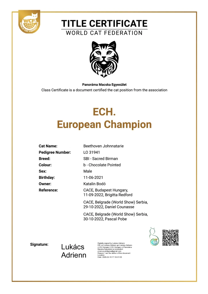 ECH Beethoven Johnnatarie-E of Saba WCF Europa Champion hivatalos igazolás